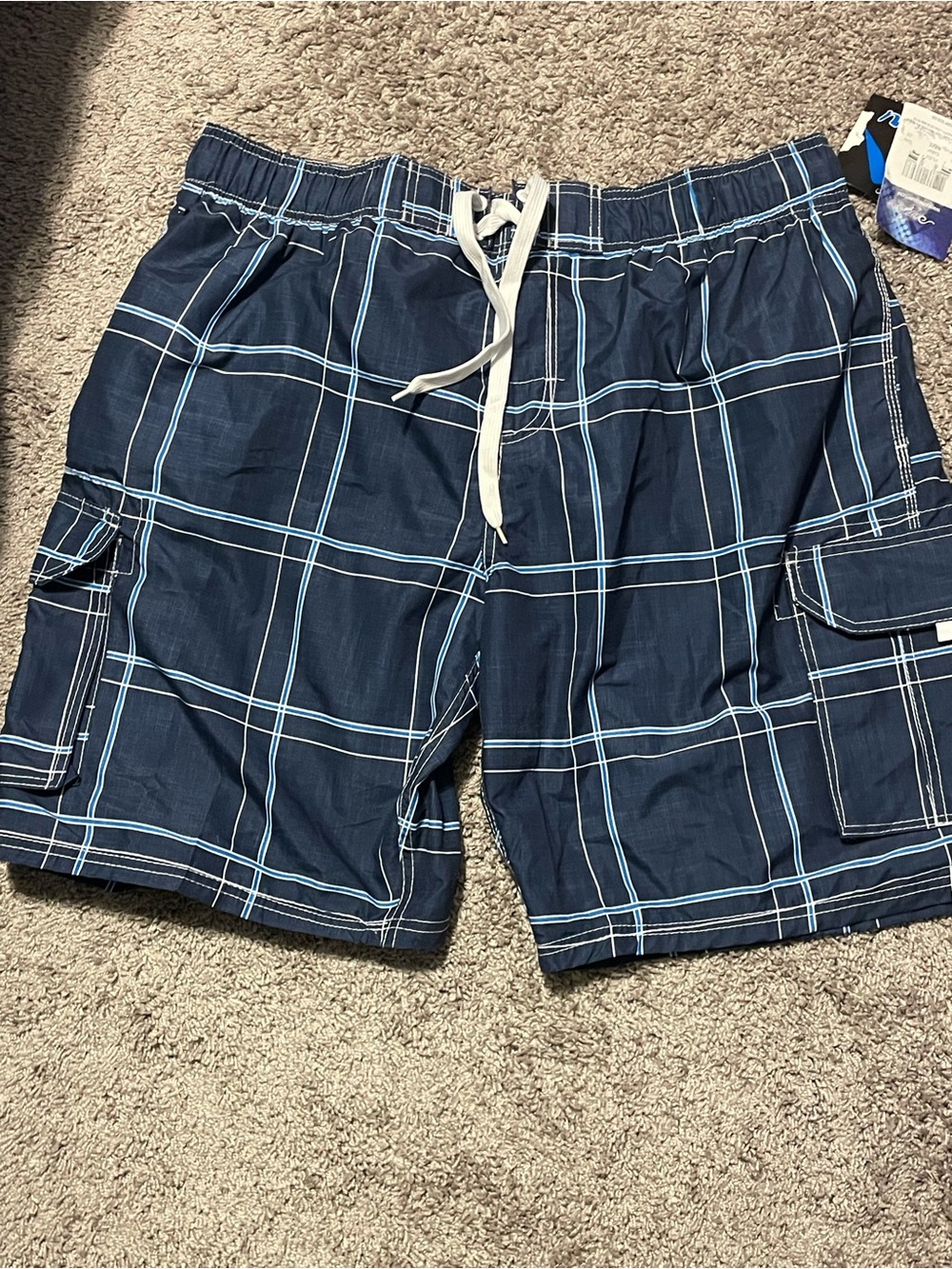 Kanu Surf Navy Blue Plaid Swim Trunks with Light Blue Accents
